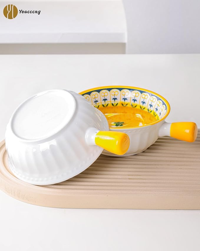 Yeacccng Soup Bowls with Handles, 23 Oz French Onion Soup Bowls Set of 4, Ceramic Soup Bowl for Kitchen, Oven/Microwave Bowls, 6 Inch Ceramic Soup Crocks, Cute Bowls, Scratch-Resistant, Lead-Free