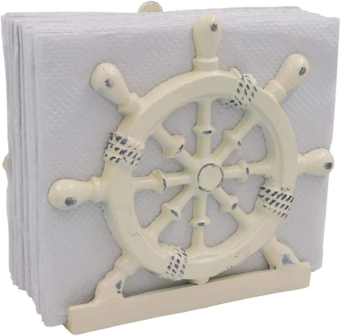 THDC Nautical Napkin Holder, Lunch, Dinner, Nautical Collection Napkin Holder, Made of Metal (Wheel Distressed Ivory)