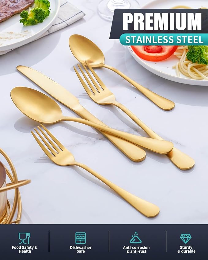 Matte Gold Silverware Set with Steak Knives, 20-Piece Stainless Steel Flatware - Image 3