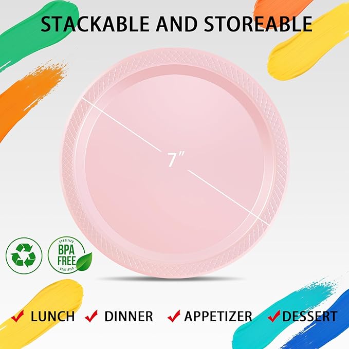 WELLIFE Pink Party Plates 7 Inch -150 Count, Disposable Plastic Light Pink Dessert Plates for Valentine's Day Party Cake Easter Mother's Day Baby Shower Appetizer