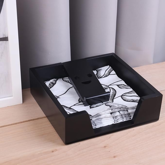 Bamboo Flat Napkin Holder with Weighted Arm Decorative Napkin Tray Dispenser for Table Kitchen Bathroom Dinning (black)