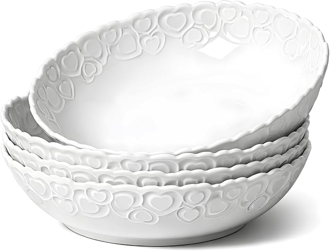 HOMBENE Heartbeat Pasta Bowls Set of 4, 28oz Salad Bowls Soup Bowl for Kitchen, Porcelain Wide and Shallow, Noodle, Soup, Pasta,Dinner, Microwave & Dishwasher Safe (White)