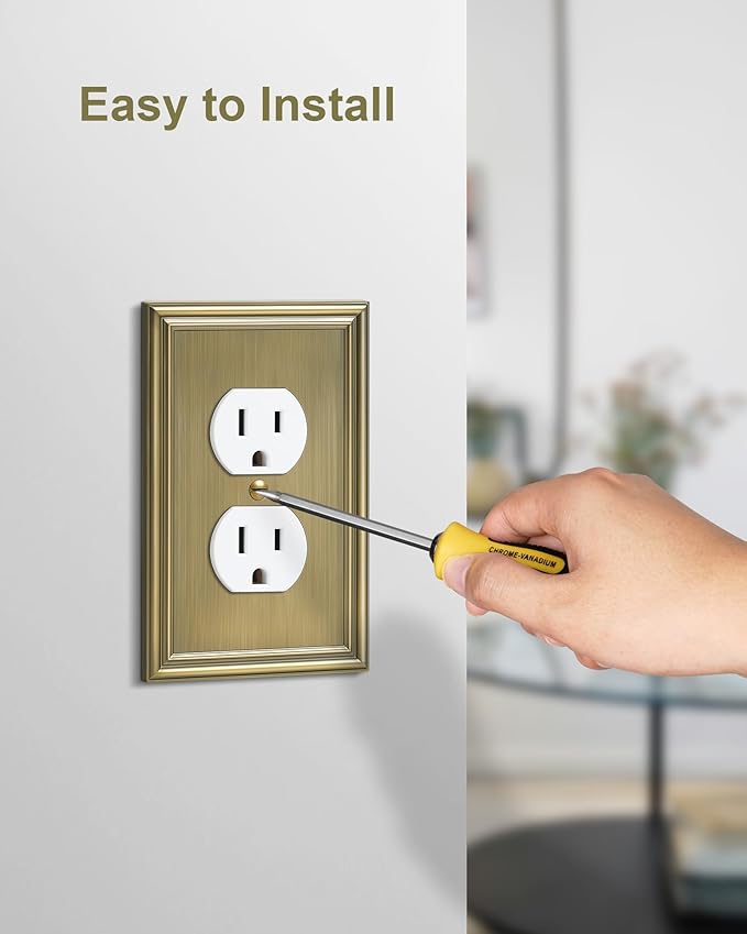 6-Pack Single Duplex Outlet Cover Plate, Decorative Antique Brass Switch Plates and Outlet Covers, Metal Wall Plates for Electrical Outlets, 1 Gang Receptacle Cover, Corrosion Resistant