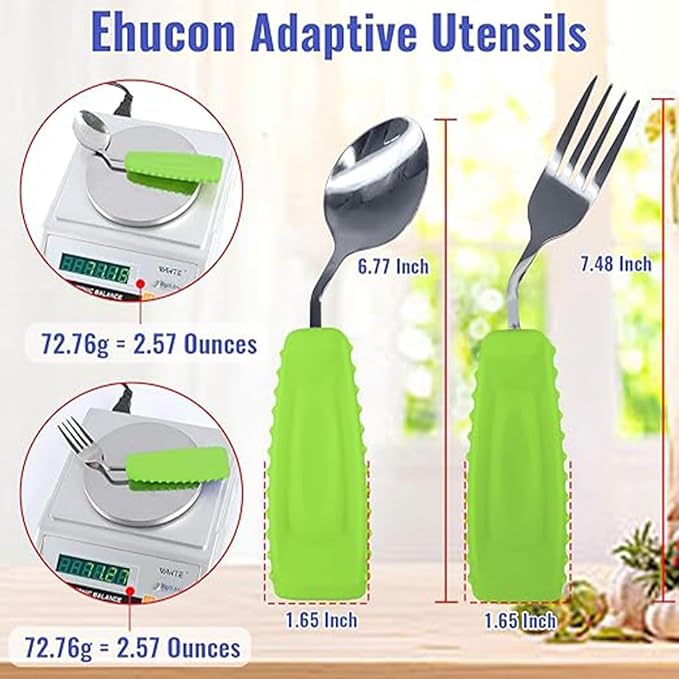 Adaptive Utensils for Hand Tremors,Arthritis and Parkinsons -Weighted Silverware with Non-Slip Handle to Easy Grip,Eating Flatware for Elderly Use (Left Hand 1 pc Fork+1 pc Spoon=2 pcs,Green)