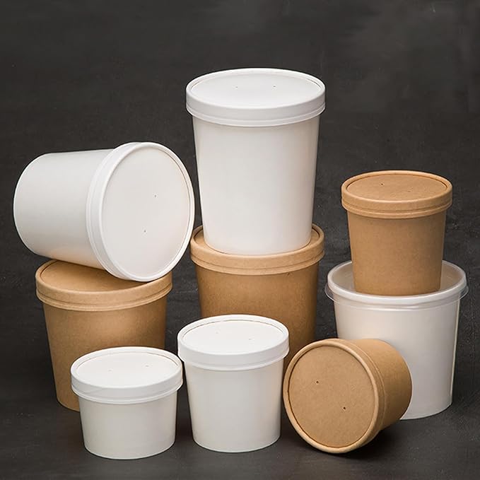 DI QIU REN 8oz Paper Soup Container Cup with Vented Lids, Disposable Paper Food Container Kraft Dessert Bowl Soup Bowls, Microwavable and Freezer Safe for Hot Soup, Ice Cream (100 Pcs - White, 8 oz)