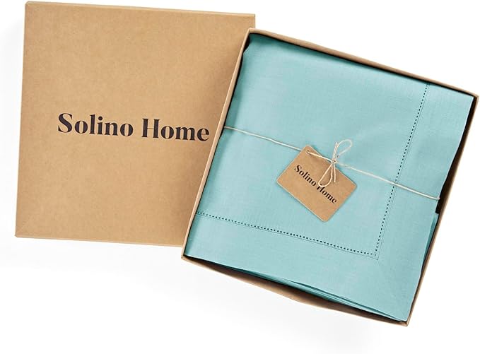 Solino Home Linen Tablecloth for Rectangle Tables 60 x 108 Inch - Classic Hemstitch 100% Pure Linen Aqua Blue Table Cloth - Machine Washable Cloth Tablecloth for Spring, Easter