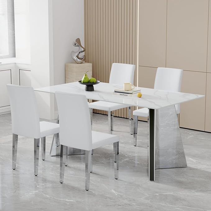 White Dining Chairs Set of 4,Faux Leather with Chrome Plate Metal Legs,Armless Kitchen Room Chairs Set of 4,Max Load 300 Lbs,High Back Modern Design for Home Kitchen Living Room Bedroom