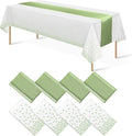 8Pack Plastic Tablecloths and Satin Table Runner Set Disposable White and Sage by MASHAN