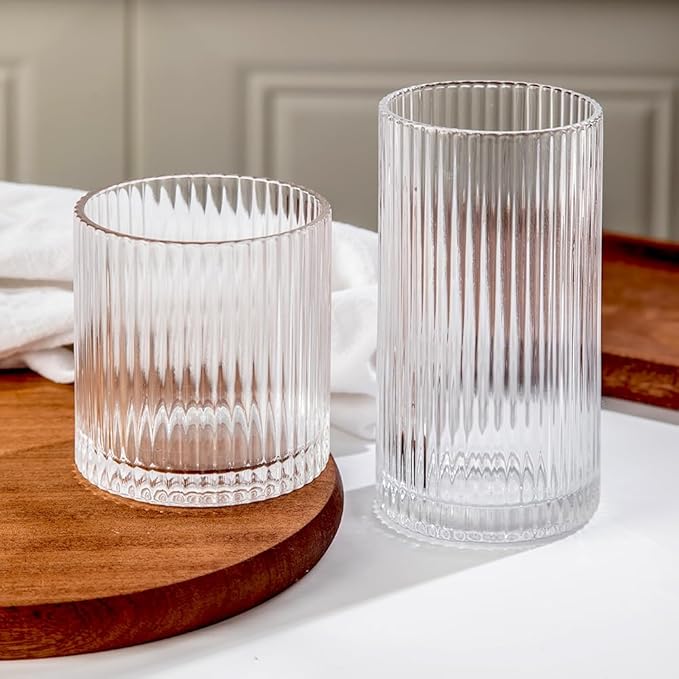 Ribbed Drinking Glasses 12pcs, 12oz and 10oz Glassware, Tumbler Glasses Cup Set for Wedding, Party, Christmas Gift, Clear