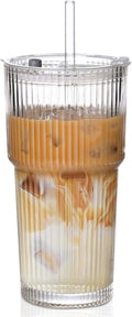 20oz Ribbed Glass Cups with Lids and Straws, Iced Coffee Cups Drinking Glasses by AUFXKOO