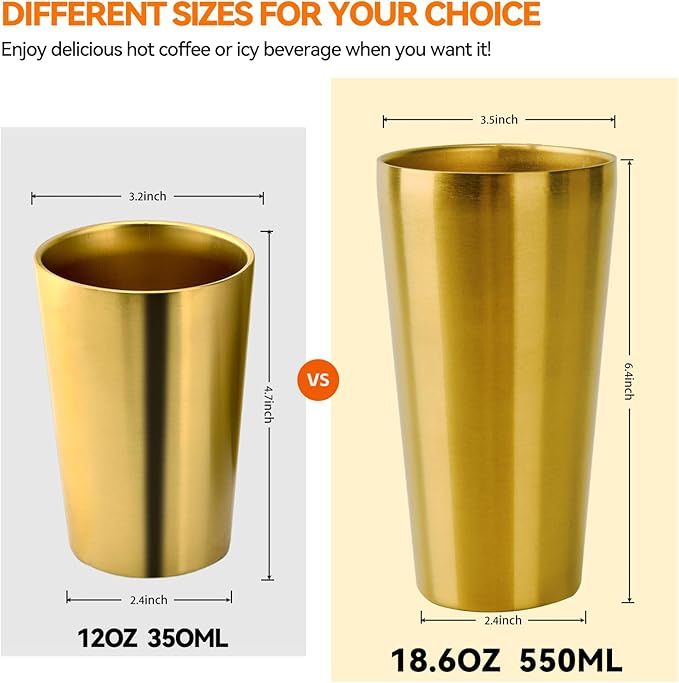 10 Pack 18.6 oz Stainless Steel Insulated Cup, Double Wall Vacuum Small Metal Cup, Reusable Camping Cups Unbreakable Indoor Outdoor for Party, Home, Office, BBQ, Gold
