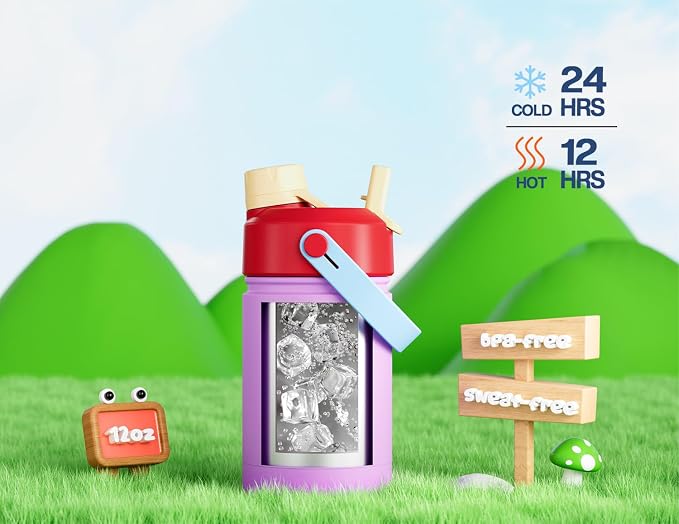 12 oz Kids Water Bottle for School: 2-in-1 Straw Spout Lid, Keep 24H Cold - Image 3