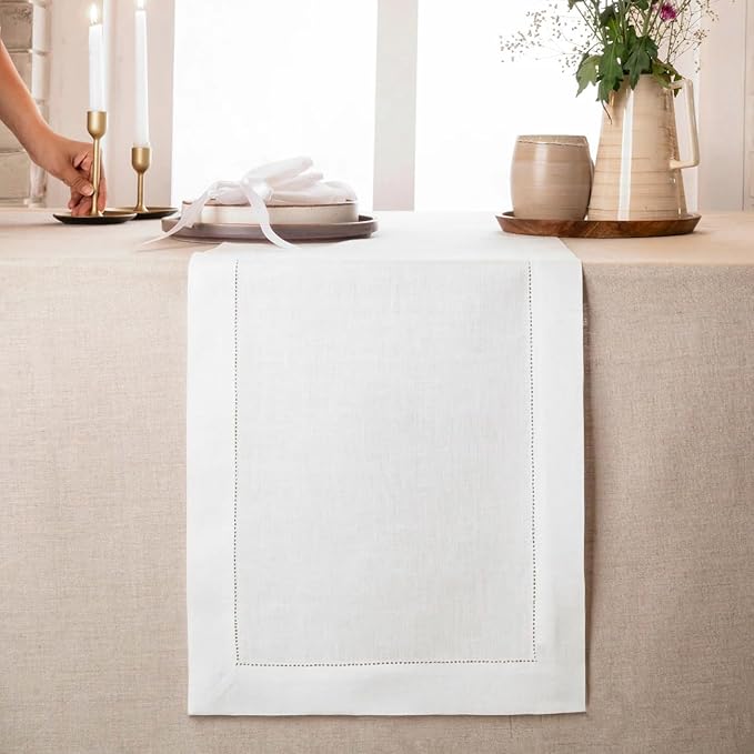 D'Moksha Homes Linen White Table Runner 72 Inches Long - 100% Pure Linen Hemstitch Table Runner 14 x 72 Inch for Dresser, Dining, Valentines, Spring, Easter - Classic Hemstitch
