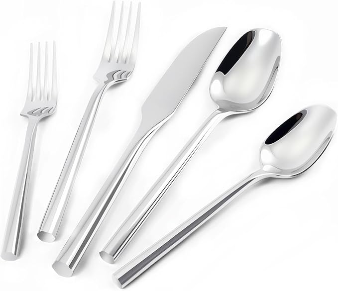 Silverware Set 20-Piece Stainless Steel Mirror Polishing Silver Cutlery, Hand Forged Thick Hexagon Handle Flatware Sets, Service for 4