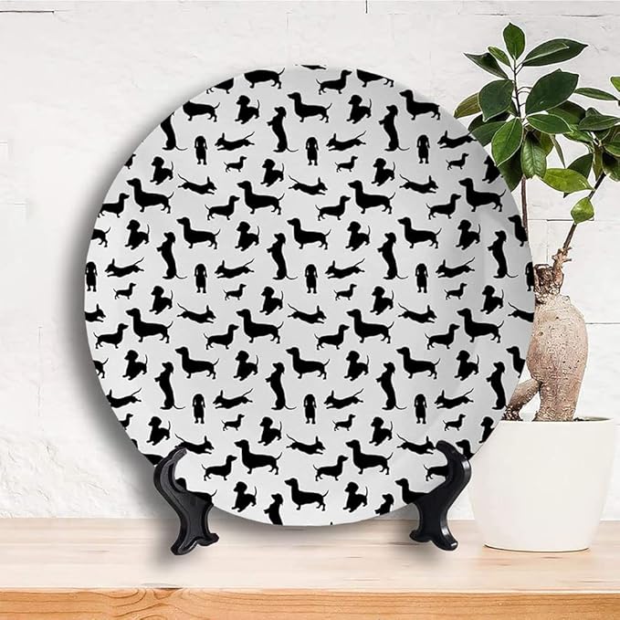 Ceramic Plates, Dog Lover Decorative Ceramic Plates, Monochrome Dachshunds in Numerous Stances Active Life, 10 Inch, Household Plates Decorative, Black White