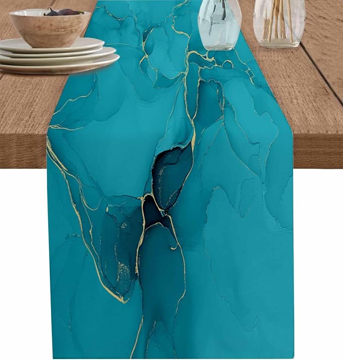 Teal Marble Table Runners 70 Inches Long, Turquoise Marble Crack Table Runner by Unknown