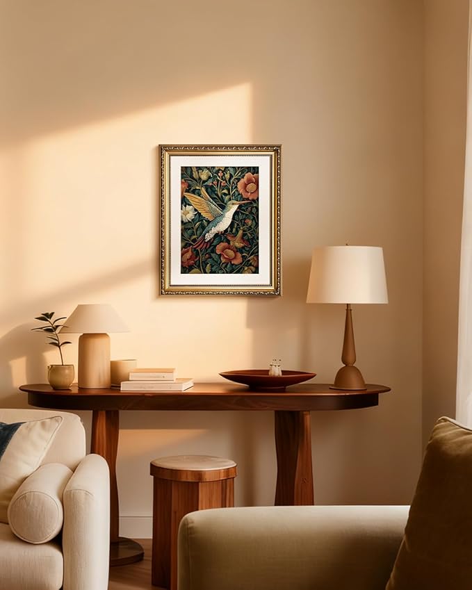 InSimSea Gold Picture Framed Wall Art, Living Room Vintage Moody Hummingbird Wall Decor, William Morris Botanical Canvas Print Art, Home Farmhouse Decor, Antique Paintings with Frame 13x16inch