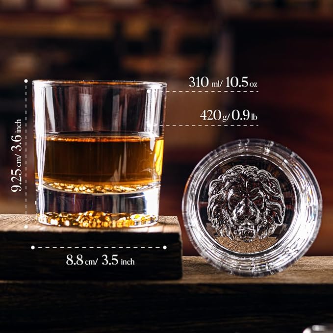 Whiskey Glasses Set of 4 with Lion Pattern 10 oz Old Fashioned Glasses | Suit - Image 2