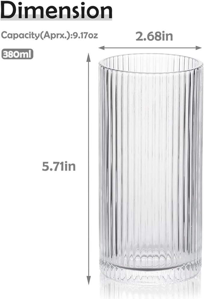 WHJY Ribbed Glassware Tall Highball Glasses Unique Everyday Drinking Glasses Set of 4 for Cocktail, Whiskey, Beer, Juice -13 oz 5.7"