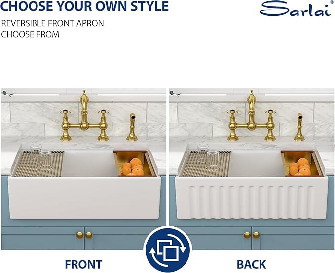 Sarlai White Farmhouse Sink - 33 Inch Farm Kitchen Sink Undermount Workstation Apron Front Reversible Ceramic Fireclay Single Bowl Farmer Sinks Basin 33 x 20 Inch With Gold Accessories