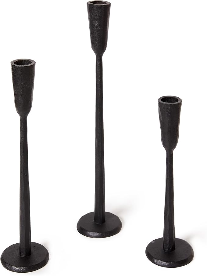 Cast Iron Taper Candle Holder Set of 3, Heavyweight Tall Candlestick Holders, for Fireplace Mantle & Dining Table, Versatile Decor for Wedding, Holiday, Home & Christmas (Black)