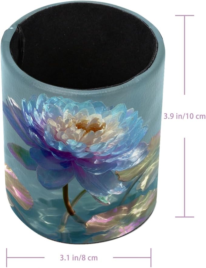 Leather Pen Holder for Desk, Water Lily Pencil Cup Pen Organizer Makeup Brush - Image 3