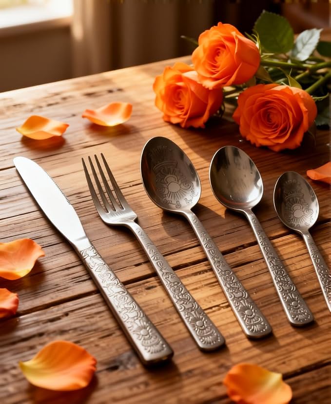 16 Pcs Black Floral Silverware Set - Image 6