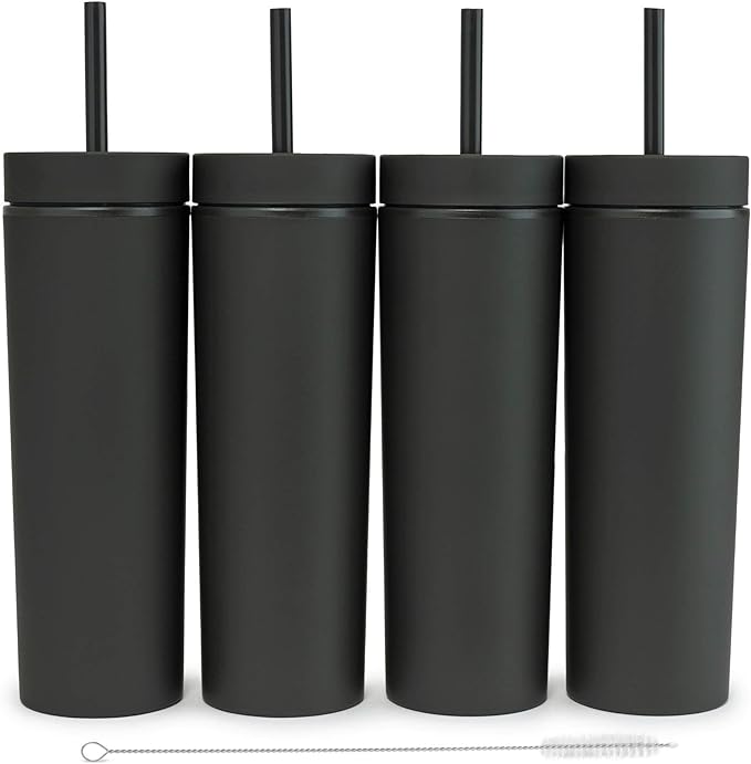 SKINNY TUMBLERS Matte Pastel Colored Acrylic Tumblers with Lids and Straws (4 pack) | 16oz Double Wall Plastic Tumblers With FREE Straw Cleaner! Reusable Cup With Straw | Vinyl DIY Gifts (Black)