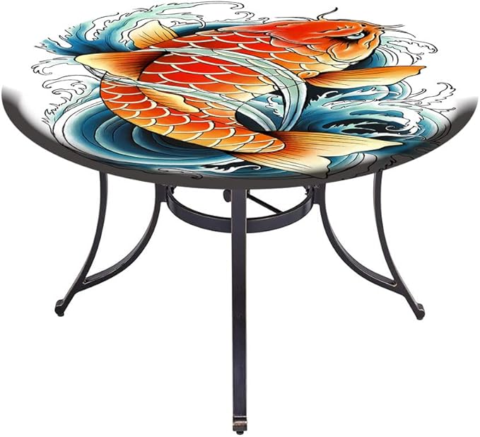 Round Edge Closing Tablecloth, Koi Fish Elastic Edged Tablecloth, Tattoo Style Japanese Wave, Fit Round Tables 39inch Diameter, for Restaurant Picnic Indoor and Outdoor Use, Multicolor