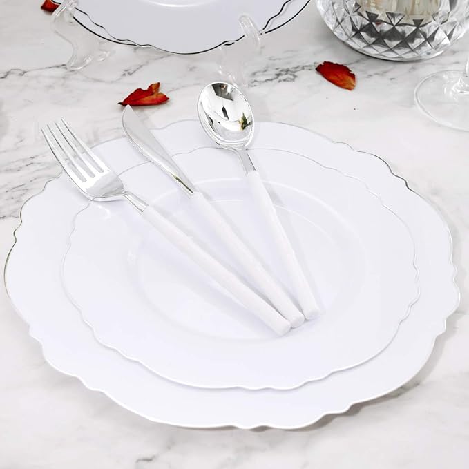 WDF 100pcs Silver Plastic Plates - High-end Baroque Design - Heavy Duty White &Silver Plates for Christmas Upscale Parties &Wedding