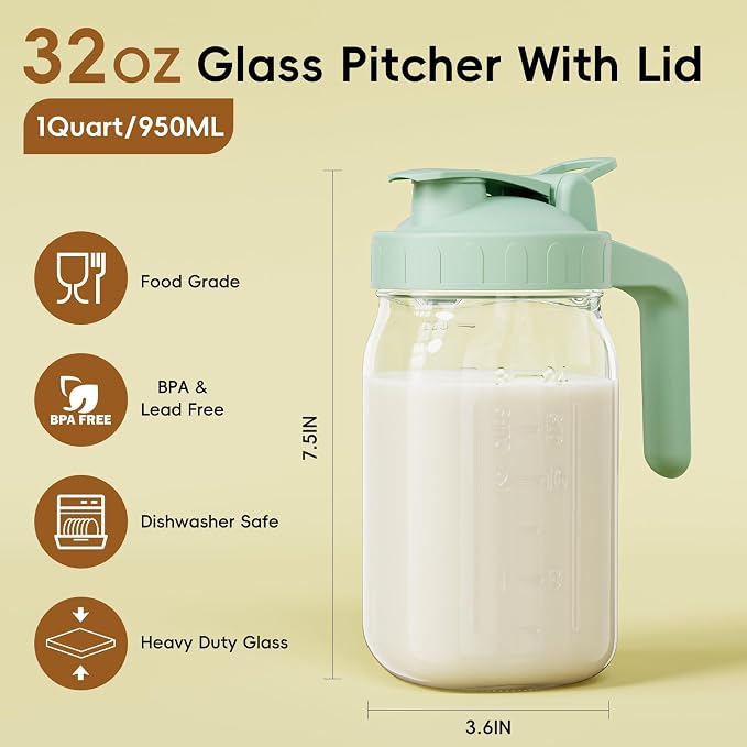Breast Milk Pitcher, 32 oz Wide Mouth Glass Mason Jar | Dual Leak-Proof Lid - Image 2