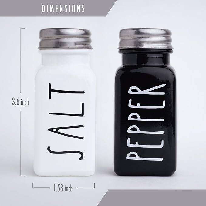 Farmhouse Salt and Pepper Shakers Set, a cute black and white premium glass shakers with stainless steel lids in a black metal holder, perfect for adding a vintage kitchen decor charm, great as a gift