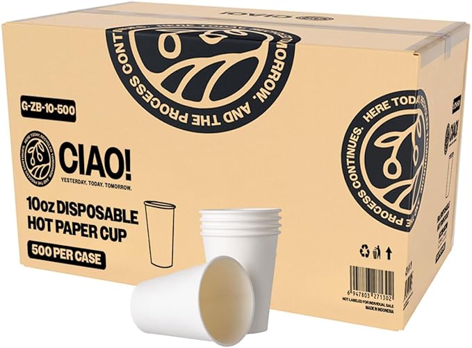 CIAO! 10oz White Paper Hot Cup, Disposable, 80mm Diameter 500 Count