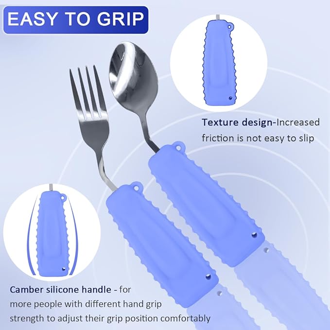 Adaptive Utensils,Curved Angled Spoon and Fork Set,for Tremors Parkinsons Limited or Elderly,Lightweight Cutlery with Non-Slip Easy Grip Handles