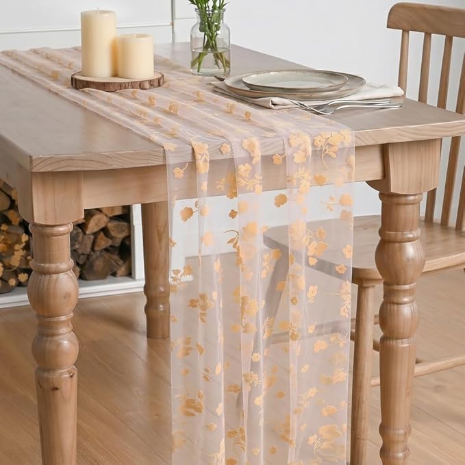 Artoid Mode Pink Gauze Flocking Flowers Table Runner 10FT, Spring Sheer Dining by ArtoidMode