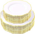WDF 100pcs Gold Plastic Plates - High-end Baroque Design - Heavy Duty White &Gold Wedding Plates Set Ideal for Weddings/Party/Bridal Shower/Valentine's Day