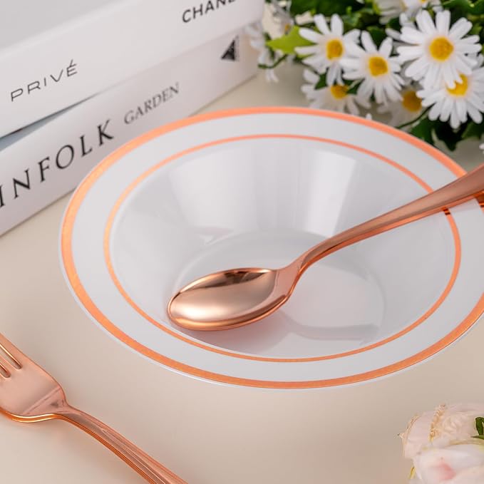 100 Pack White Disposable Soup Bowls with Rose Gold Rim,12oz Disposable Soup Bowls,Disposable Soup Dessert Salad Bowls for Wedding/Party/Catered Events/Valentine's Day