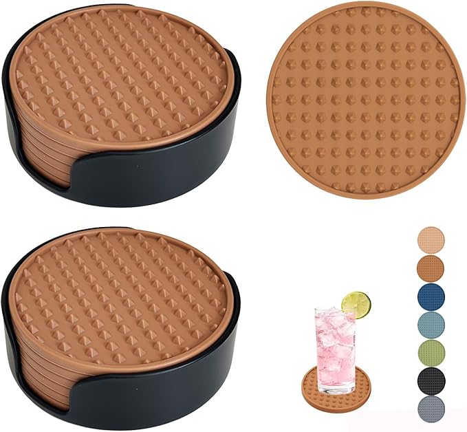 Set of 12 Silicone Coasters, 4'' Drink Coaster with Holder, Round Coasters for Drinks Beer Coffee Home Office Bar Desk Tabletop Protection, Non-Slip Rubber Coaster (Tawny, 12 Pcs-Plastic Holder)
