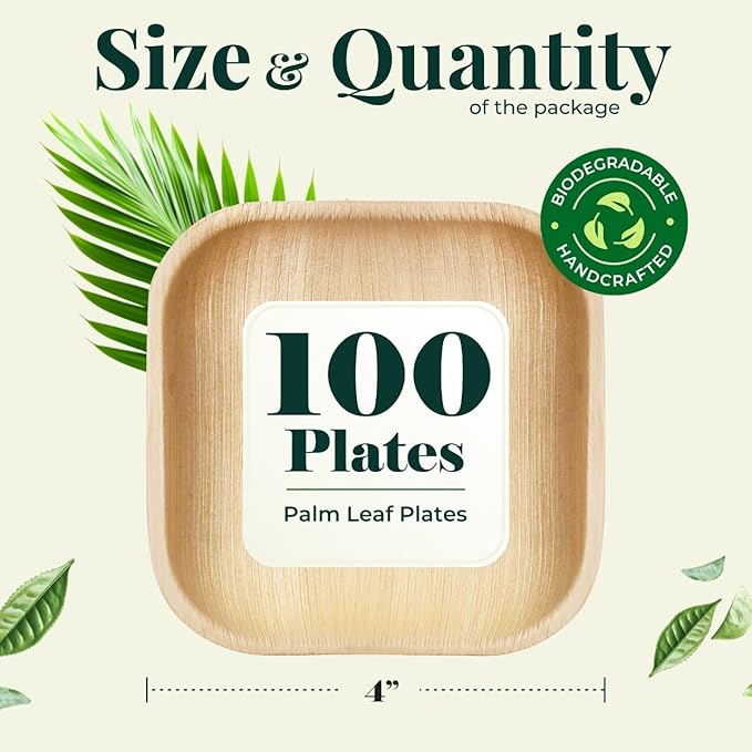 Palm Leaf Plates 4 Inch Bamboo Plate Disposable 100 Pack Small Dessert and Appetizer Square Party Plates Biodegradable Compostable Cocktail Better Than Paper Plate By KoalaLove