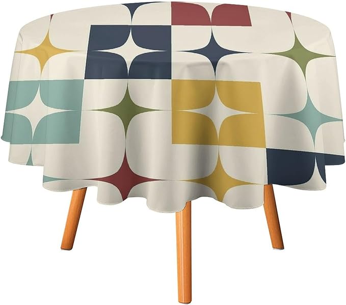 Middle Century Modern Round Tablecloth, Retro Mid Century Geometry Abstract Bohemia Tablecloth for Home Party Dining Room Kitchen Decor 70Inch(178cm)