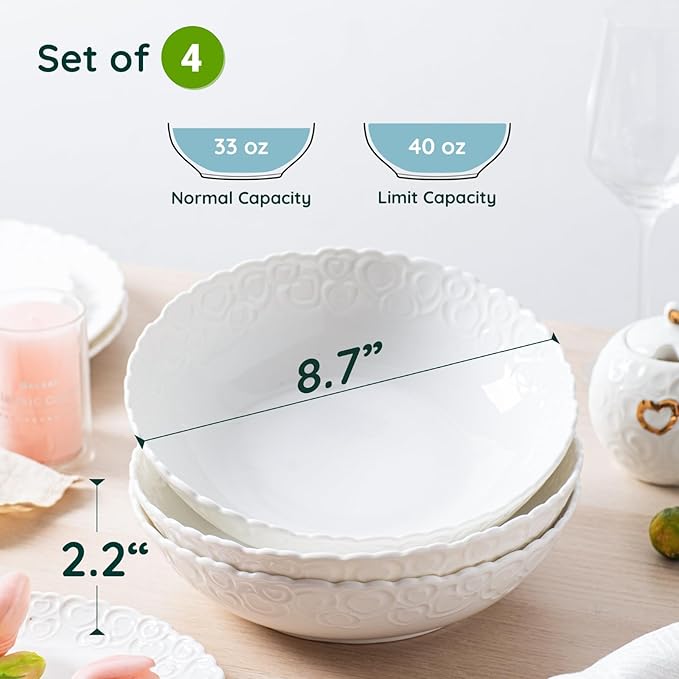 HOMBENE Heartbeat Pasta Bowls Set of 4, 40oz, Porcelain Wide and Shallow, Soup, Pasta, Noodle, Dinner, Large Salad Bowls Soup Bowl for Kitchen, Microwave & Dishwasher Safe (White)