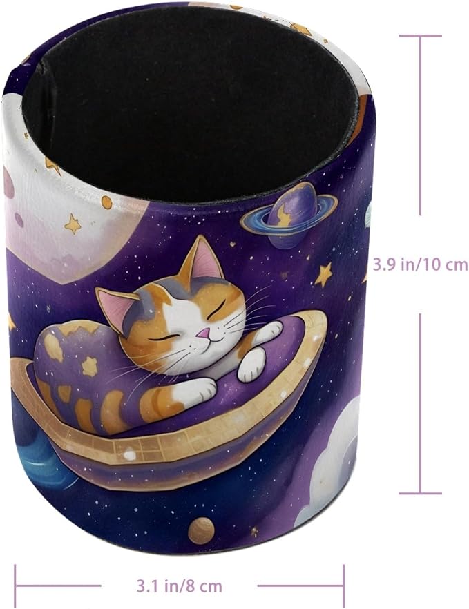 Leather Pen Holder for Desk, Planet Cat Pencil Cup Pen Organizer Makeup Brush - Image 3