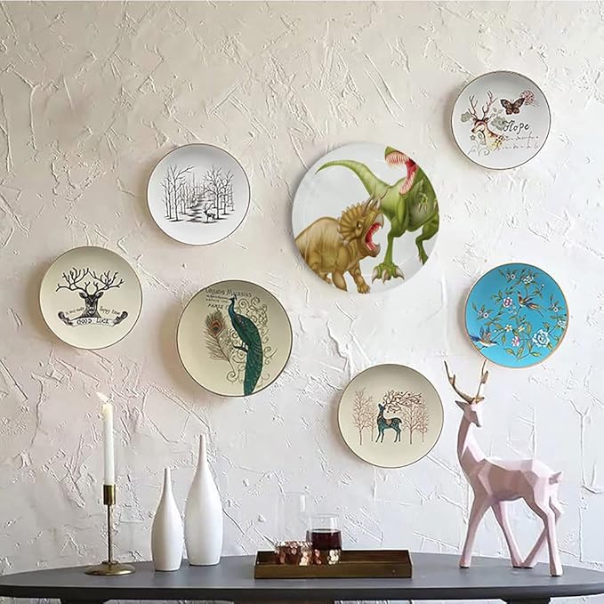 Ceramic Display Plate, Dinosaur Ceramic Hanging Decorative Plate, Rex Versus Triceratops Scaring Each Other, 6 Inch, Household Custom Ceramic Plate, Green Pink Pale Brown