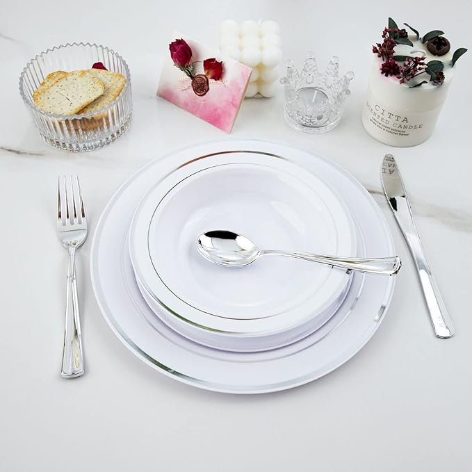bUCLA 60 Pack Plastic Bowls with Silver Rim - 12 oz Plastic Soup Bowls Disposable for Party, Wedding, Christmas & Gathering