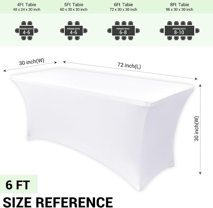 Obstal 10-Pack Stretchy Spandex Tablecloth for 6 Foot Rectangular Table - Universal Fitted Table Covers, Ideal for Weddings, Banquets & Events (White, 72" L x 30" W x 30" H)