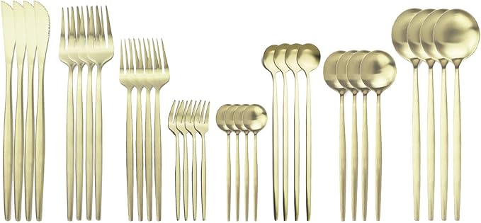 JASHII 32-Piece Tableware Set Stainless Steel Flatware Set with Coffee Spoon Long Handle Spoon Premium Cutlery Service for 4 Satin Finish Utensils for Home (Champagne gold)