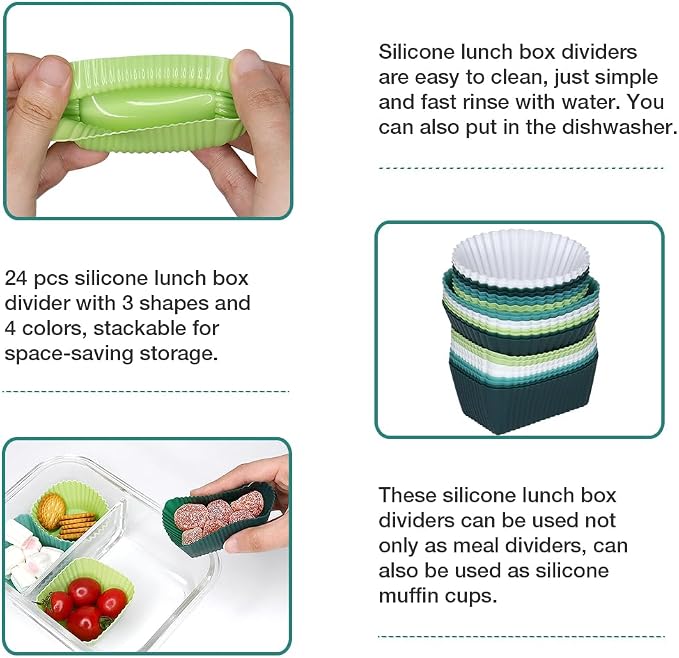 24 Pcs Silicone Lunch Box Divides, Lunch Accessories, 3 Shapes | Reusable - Image 4