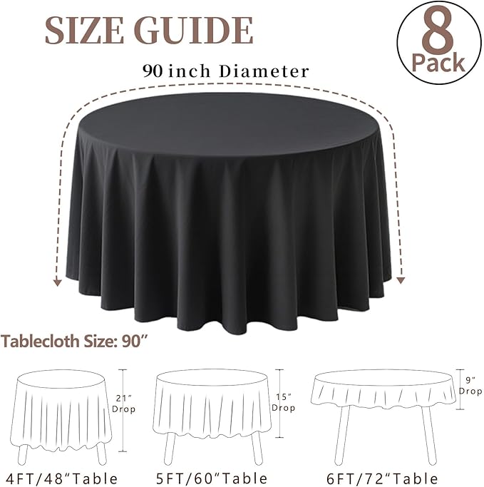 8 Pack Round Tablecloth 90 Inch Black Table Cloth for Round Tables, Washable Polyester Tablecloth Stain and Wrinkle Resistant Decorative Table Cloth for Wedding Party Dining Banquet