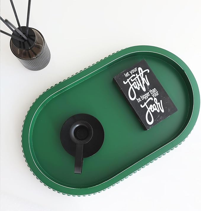 Green Oval Wood Decorative Ottoman Tray for Coffee Table Kitchen Counter, Living Room, Handcrafted Green Wooden Serving Tray for Table Centerpiece