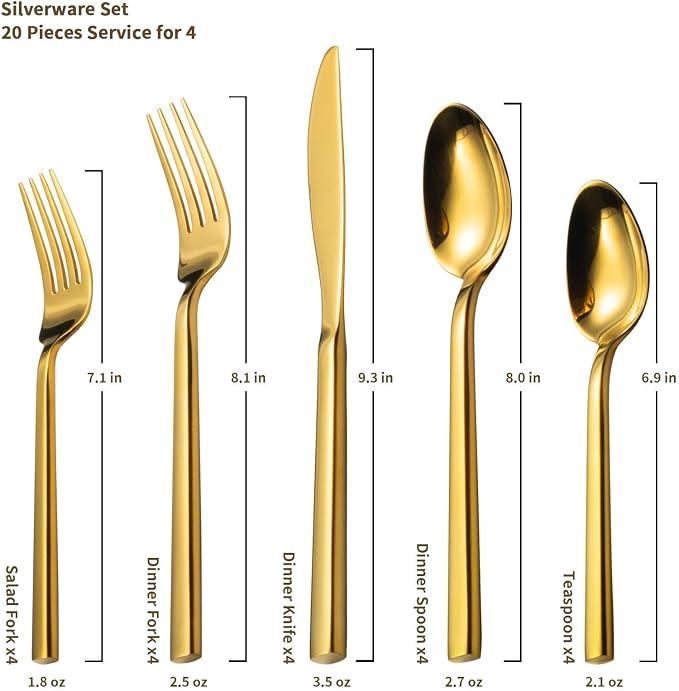 Alata Cube Gold 20-Piece Flatware Set, Forged Cutlery Set, Mirror Finish - Image 4